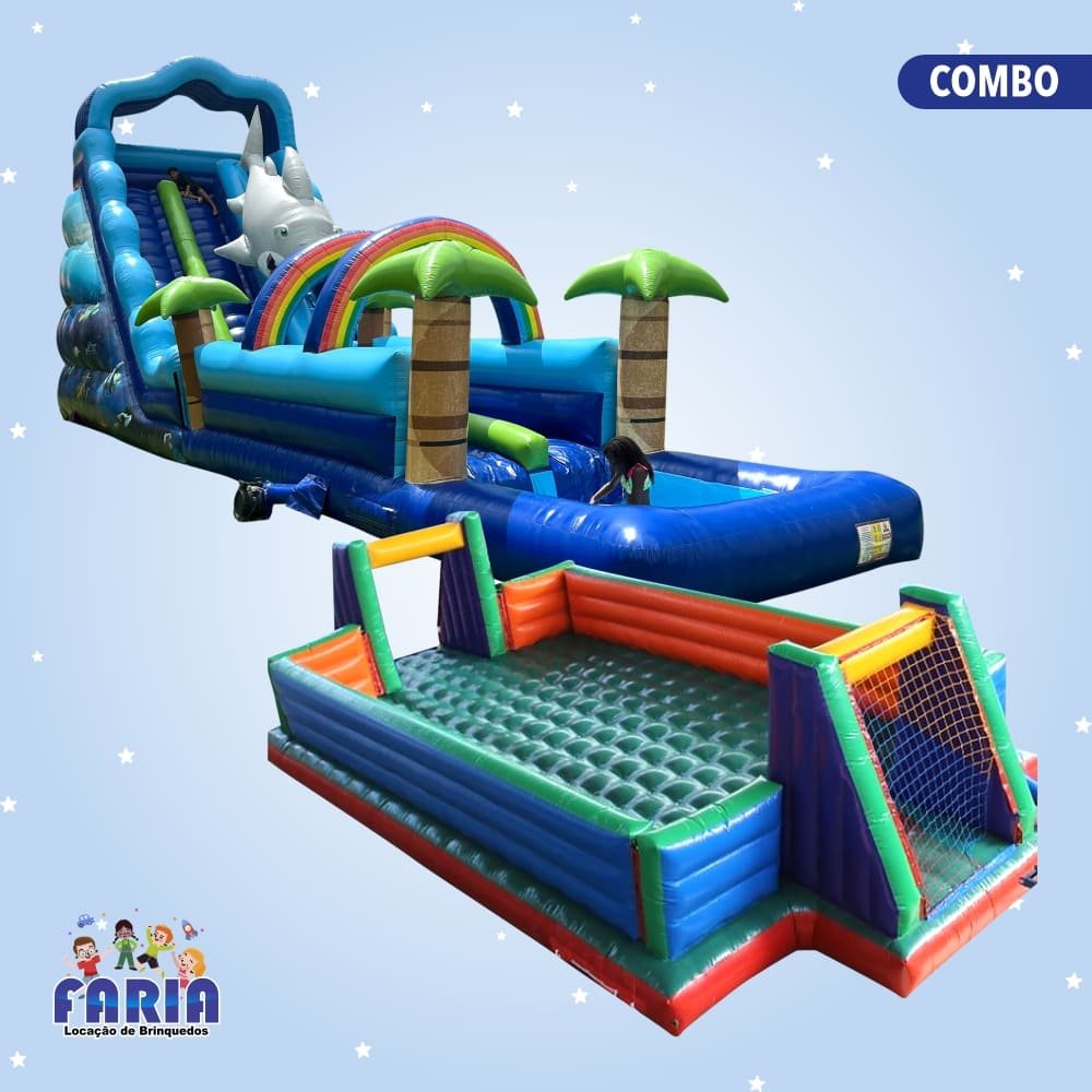 Combo Tobogã Big Shark com Radical Slide Inflável e Futebol de Sabão Inflável - Faria Brinquedos - Locação de Brinquedos em Cuiabá