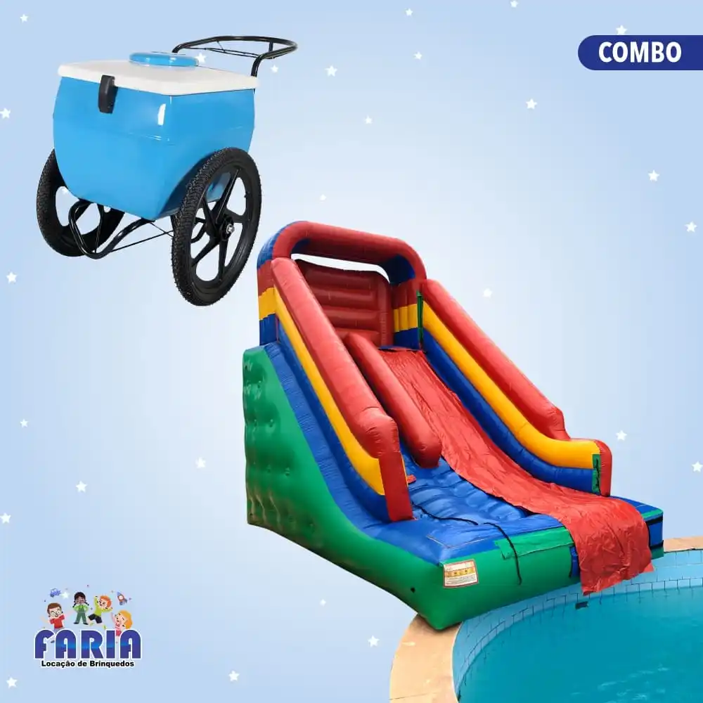 Combo Toboágua Grande Inflável e Carrinho de Picolé 1 Combo Toboágua Grande Inflável e Carrinho de Picolé - Faria Brinquedos - Locação de Brinquedos em Cuiabá